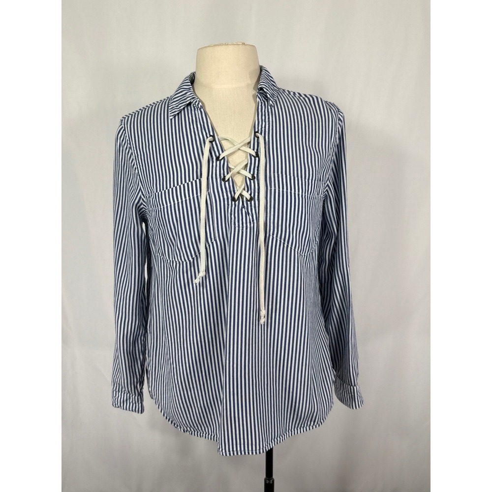 Old Navy Womens Navy Blue White Striped Lace Up Long Sleeve Lyocell Blouse Small